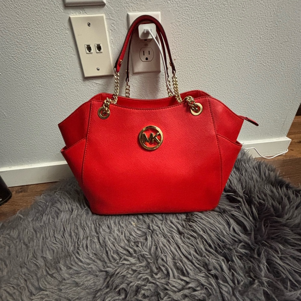Michael Kors Red Shoulder Bag with Gold Accents